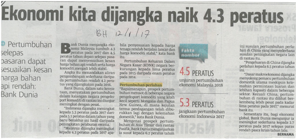 Ekonomi kita dijangka naik 4.3 peratus