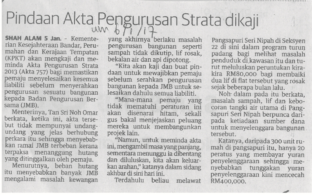 pindaan akta pengurusan strata dikaji