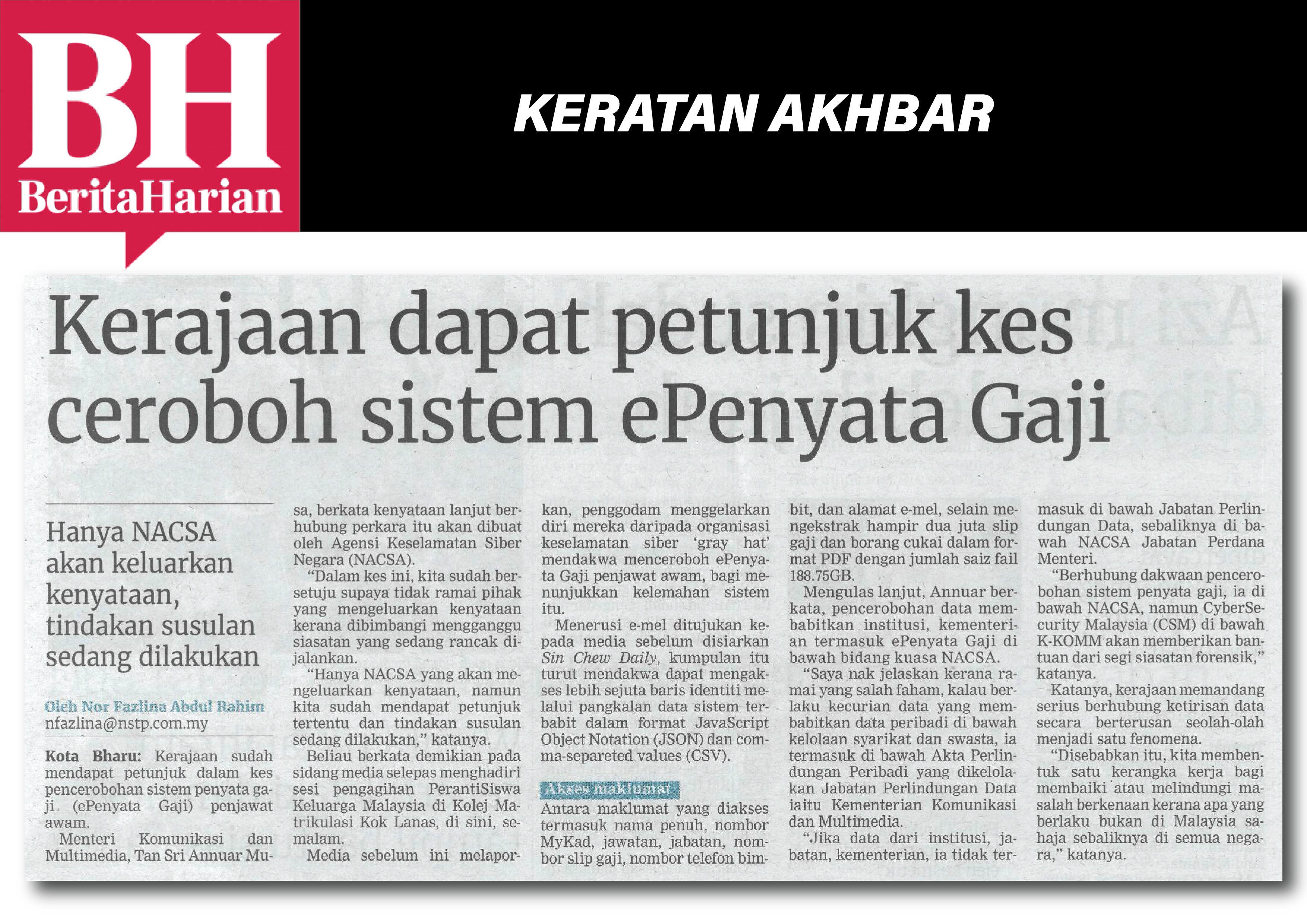 kerajaan dapat petunjuk kes ceroboh sistem epenyata gaji