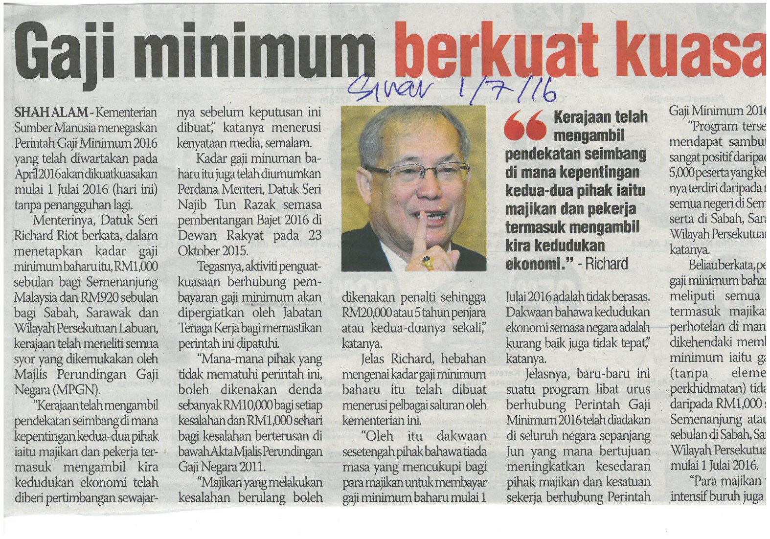 Perbadanan Kemajuan Negeri Pahang - Gaji minimum berkuatkuasa